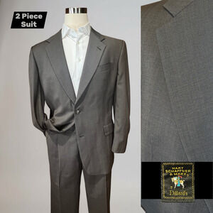 Vtg Hart Schaffner Marx 44-46L 38x30 Taupe Gray Blue Glen Plaid Classic Suit